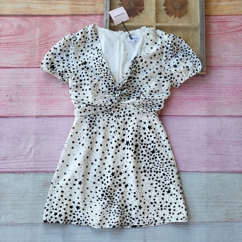 NWT Superdown Black/White Star Print Twist Bust A-line Mini‎ Dress Small